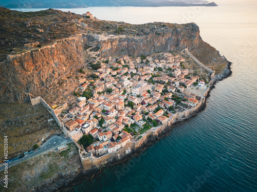 Aerial view of the old town of Monemvasia at sunrise