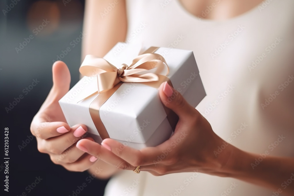 Woman holding a white giftbox, closeup, high key. Generative AI Woman holding a white giftbox, closeup, high key. Generative AI