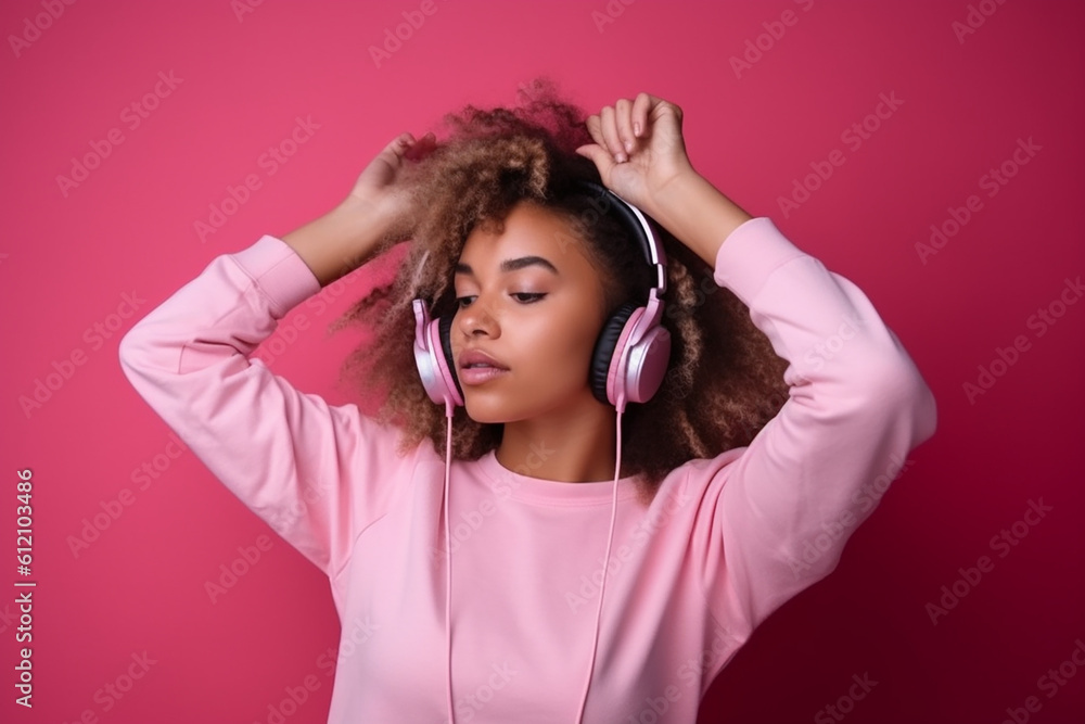 Happy young afro-american woman in headphones on the bright pink background. Generative AI Happy young afro-american woman in headphones on the bright pink background. Generative AI