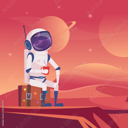 Space travel. Astronaut sitting on suitcase on moon fantasy landscape. Vector background