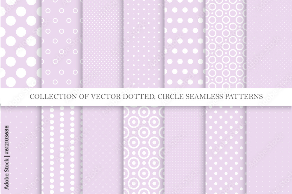 Collection of purple seamless dotted geometric patterns. Simple spotted textures - repeatable delicate backgrounds. Textile endless polka dot prints