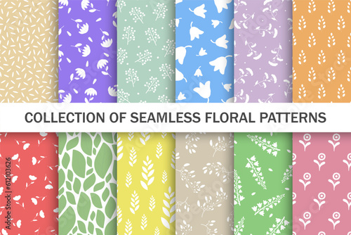 Collection of bright color seamless floral patterns - drawing design. Repeatable spring nature delicate backgrounds with branches and flowers. Textile endless vibrant prints