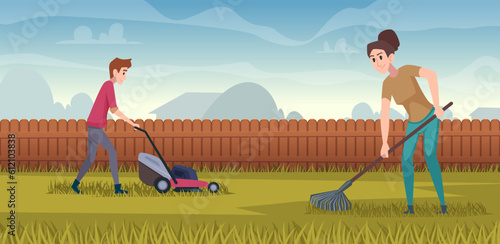 Cutting grass. Outdoor people gardening care plants with lawn mowing exact vector cartoon background