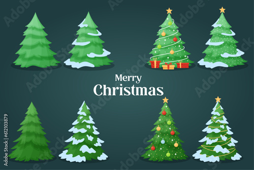 Set Christmas trees, with snow, decorated Christmas trees, Christmas, vector illustration
