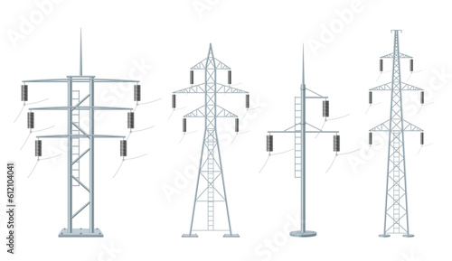 Electricity poles. Power high voltage constructions from metal decent vector realistic templates