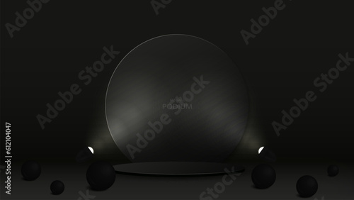 An empty black podium with glowing spotlights. A platform with a glass frame and black glossy balls.