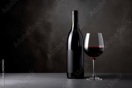 Red wine in glass on dark background, copy space. Generative AI.