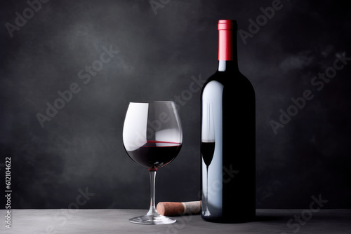 Red wine in glass on dark background, copy space. Generative AI.