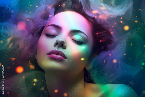 Dreaming beautiful woman in starry mist of thoughts