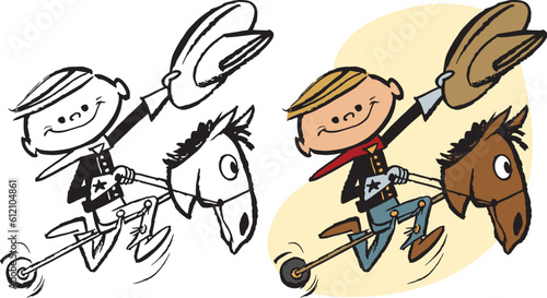 A vintage retro cartoon of a young boy playing cowboy on a hobby horse. 