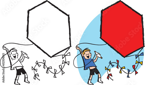 A vintage retro cartoon of a young boy flying a kite in the wind. 