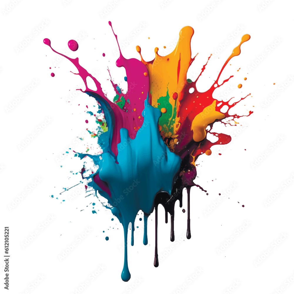 Bright colorful acrylic watercolor splash splatter liquid stain brush strokes on white background. Modern vibrant aquarelle spot. Trendy isolated painted vector design on white. Element. Textured