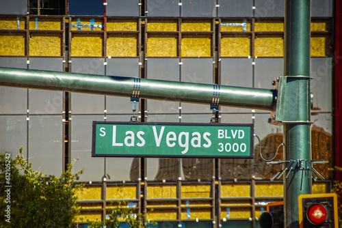 sign Las Vegas Blvd in front of tall building under construction - selective focus