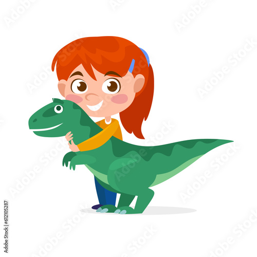 Cute little girl playing with a dinosaur plush toy isolated on white background. A redheaded child gets a green dino doll as a birthday present. Cartoon vector illustration.