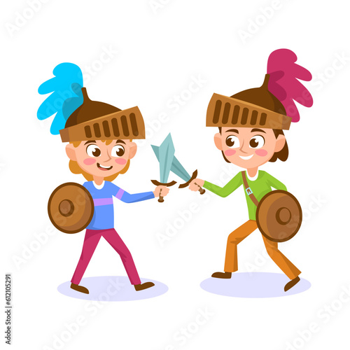 Children in knight costumes playing together isolated on white background. Little boys dressed in prince characters fighting with toy swords, wearing helmets and shields. Cartoon vector illustration