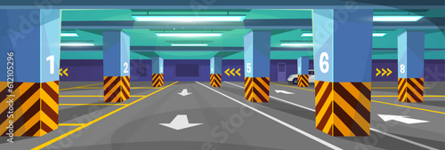 Empty underground car parking lot in a shopping mall or apartment building. Garage in the basement of a building with columns, signs, and arrows on the road. Cartoon vector illustration.
