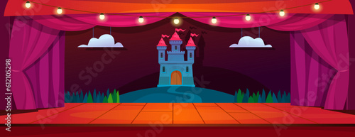 Empty stage in a school theater with decorations and open curtains. Fairy tale show in a children's play on a wooden scene with a castle in the background. Cartoon vector illustration.