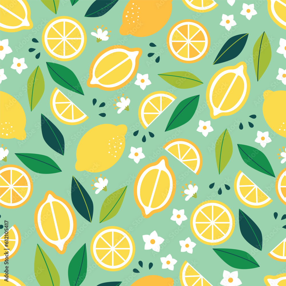 Trendy summer seamless pattern with yellow lemons on bright  background. Summer flat design background.	