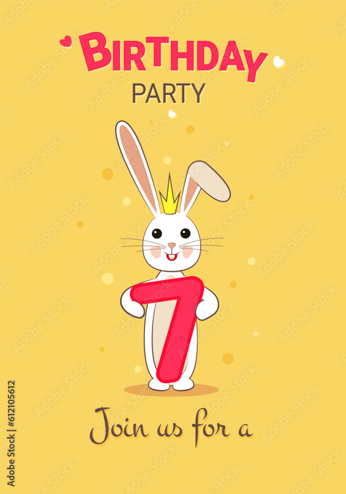 Seventh Birthday. 7 years old for a girl. Birthday party Hare with the number seven. Invitation banner. Seventh Birthday. 7 years old for a girl. Birthday party Hare with the number seven. Invitation banner.