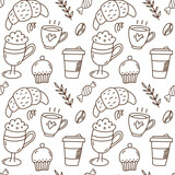 Seamless pattern of coffee. Flat line icons - cake, croisant, beans, cup. Repeated texture for cafe menu, shop wrapping paper.