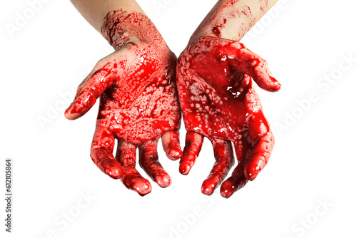 bloody hands isolated on white, concept of murder, violence, halloween, maniac