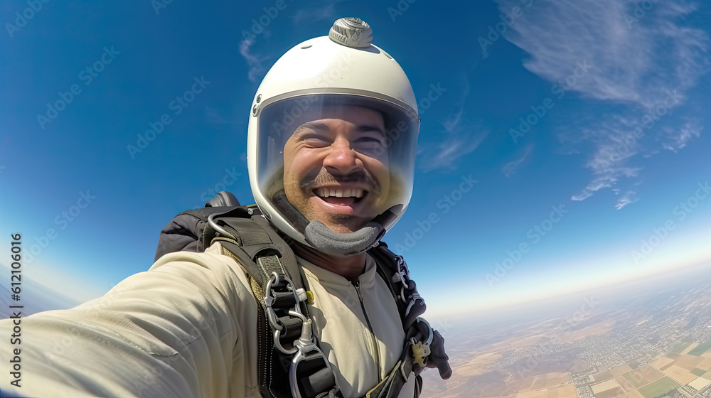 Young man parachutist smiling in free fall. Perfect concept of happiness and freedom. Generative AI Young man parachutist smiling in free fall. Perfect concept of happiness and freedom. Generative AI