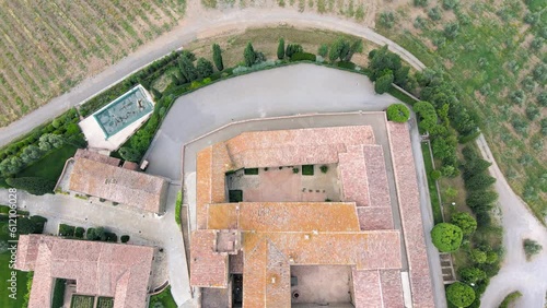 Banfi Castle in Tuscany, view in spring season from drone photo