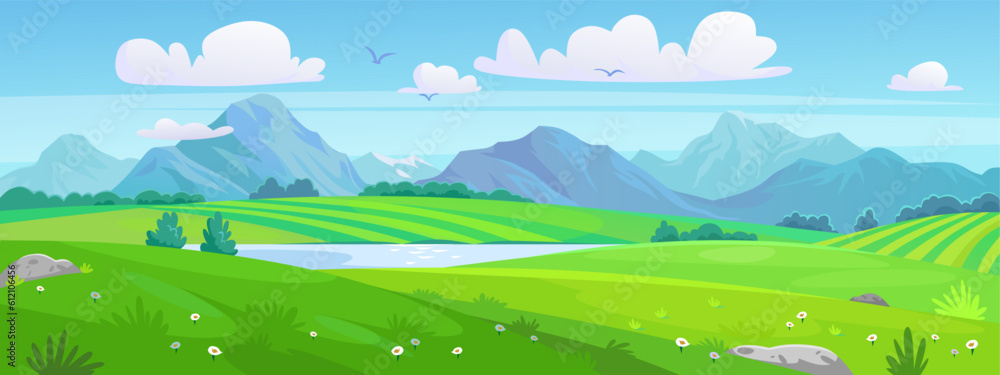 A landscape of a green meadow with a lake and mountains. Beautiful view of green fields, blue sky with clouds and a mountain range in summer. A scene in a natural park. Cartoon style vector background