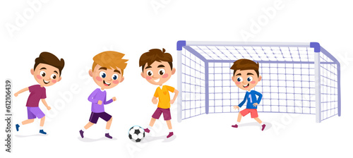 Young kids playing football, isolated on white background. A team of players in uniform running and kicking a ball. Happy children at football practice. Cartoon style vector illustration.