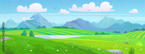 A landscape of a green meadow with a lake and mountains. Beautiful view of green fields, blue sky with clouds and a mountain range in summer. A scene in a natural park. Cartoon style vector background