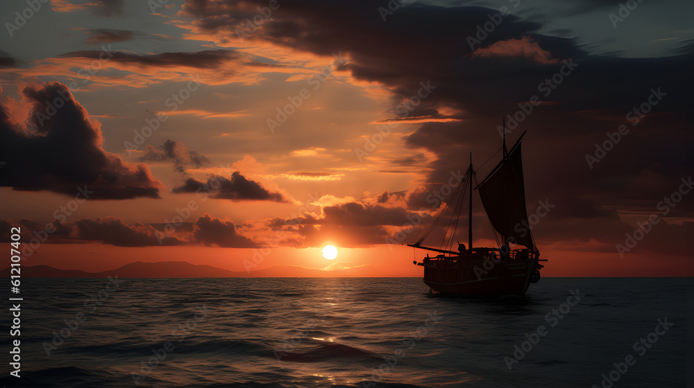 Fototapeta premium sunset on the beach, with a boat in the background - Generative AI