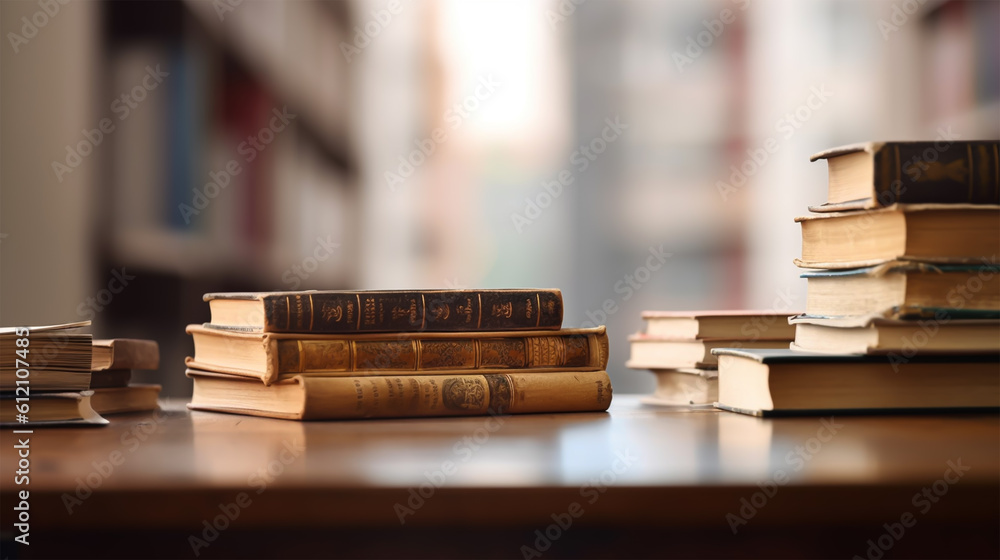 books on wooden table blurry library in background with copy space books on wooden table blurry library in background with copy space