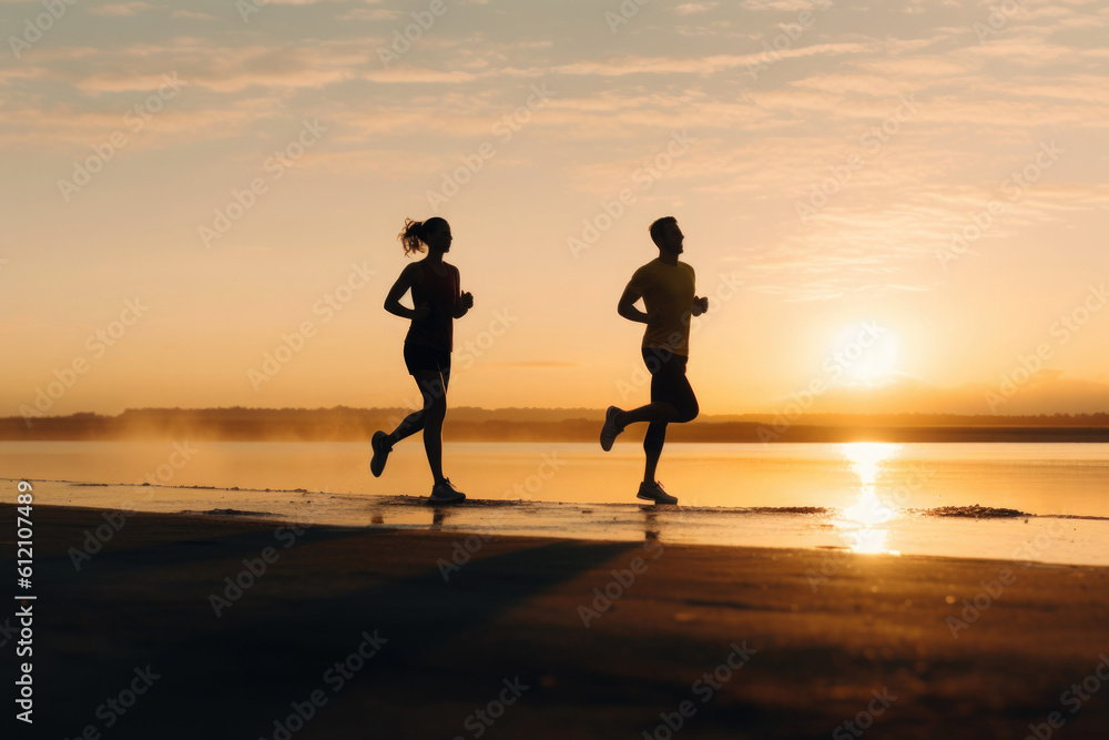 Active couple running together at sunset. Male and female athletes running at street. Active lifestyle. Created with Generative AI
