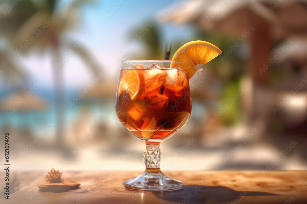 Refreshment tropical cocktail at sea beach. Background for summer vacation and holidays. Created with Generative AI Refreshment tropical cocktail at sea beach. Background for summer vacation and holidays. Created with Generative AI
