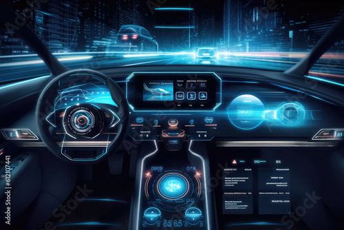 Futuristic autonomous vehicle cockpit. Interior of unmanned car cockpit with digital screens. Created with Generative AI photo