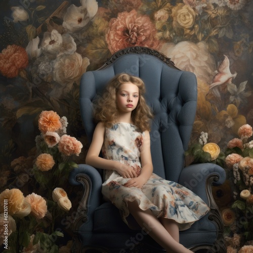 fashion young girl in a chair surrounded by flowers generative ai 