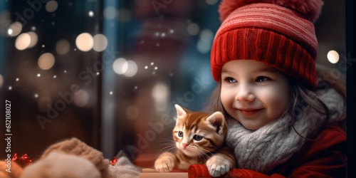 girl in a winter hat with a kitten in her arms christmas generative ai 