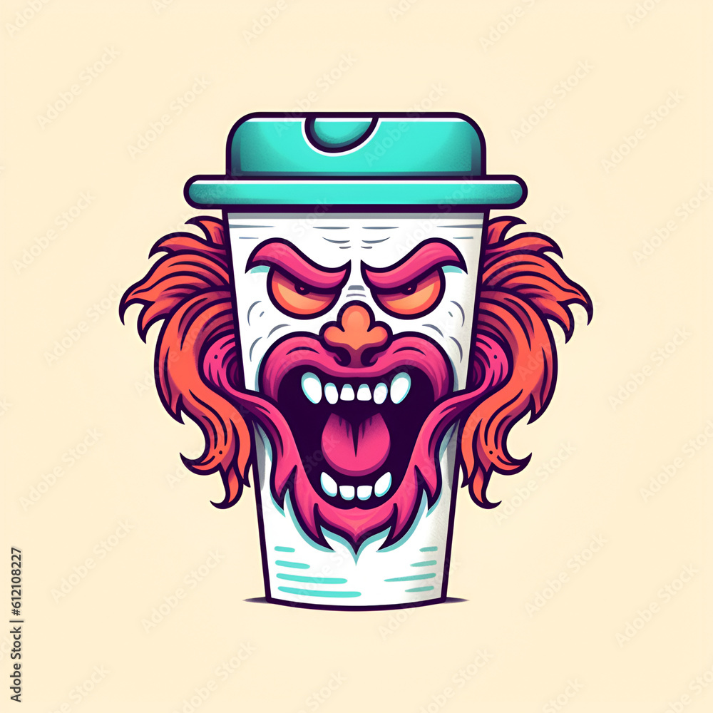 Coffee to go illustration with a crazy face for logo, poster, template, postcard, banner. Takeaway coffee banner design template isolated on background. Disposable coffee cup. Generative AI