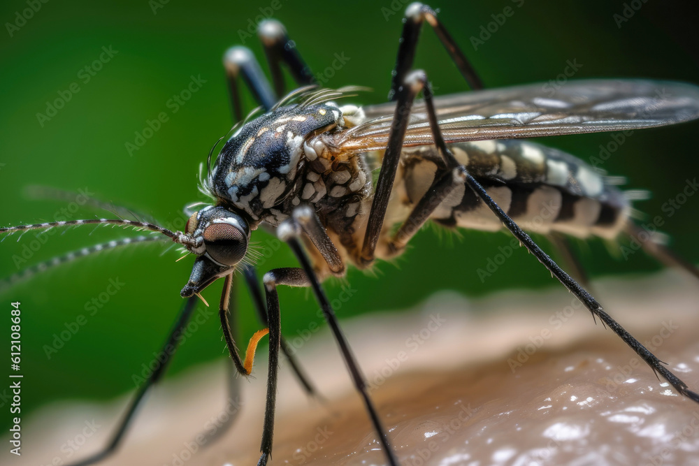 Fototapeta premium Asian Tiger Mosquito close-up image. Generative AI.