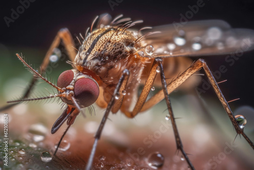 Mosquito close-up. Intricate features of a mosquito, known for its delicate wings, long proboscis, and its role as a pesky predator. Tiny yet formidable insects. Generative AI © Microgen