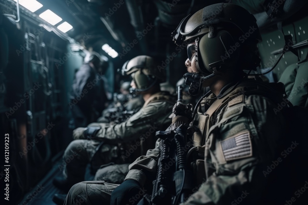 Special forces soldier in military uniform and helmet with assault rifle in war room, Para commando military soldiers are waiting in the aircraft, AI Generated