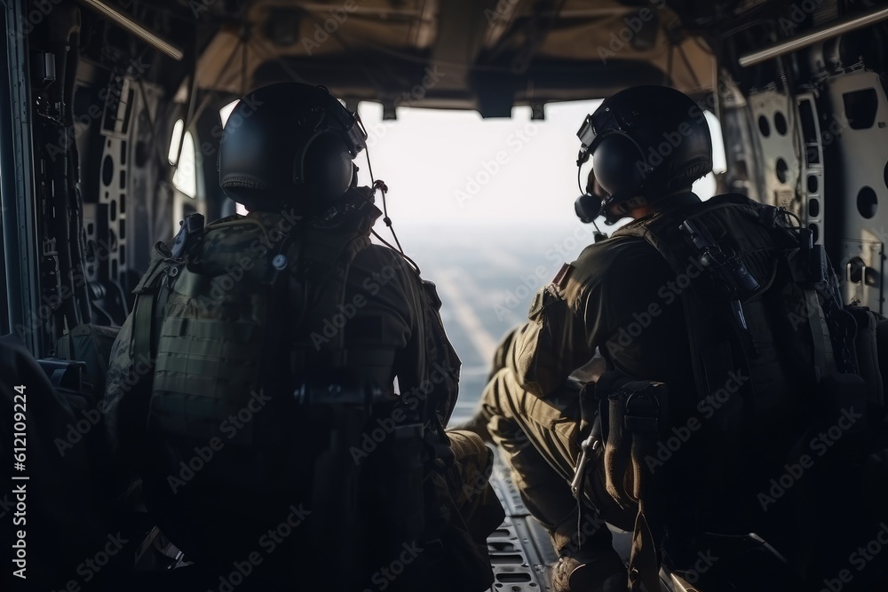 United States Air Force special forces soldiers in helicopter cockpit during operation. Para commando military soldiers are waiting in the aircraft, AI Generated United States Air Force special forces soldiers in helicopter cockpit during operation. Para commando military soldiers are waiting in the aircraft, AI Generated