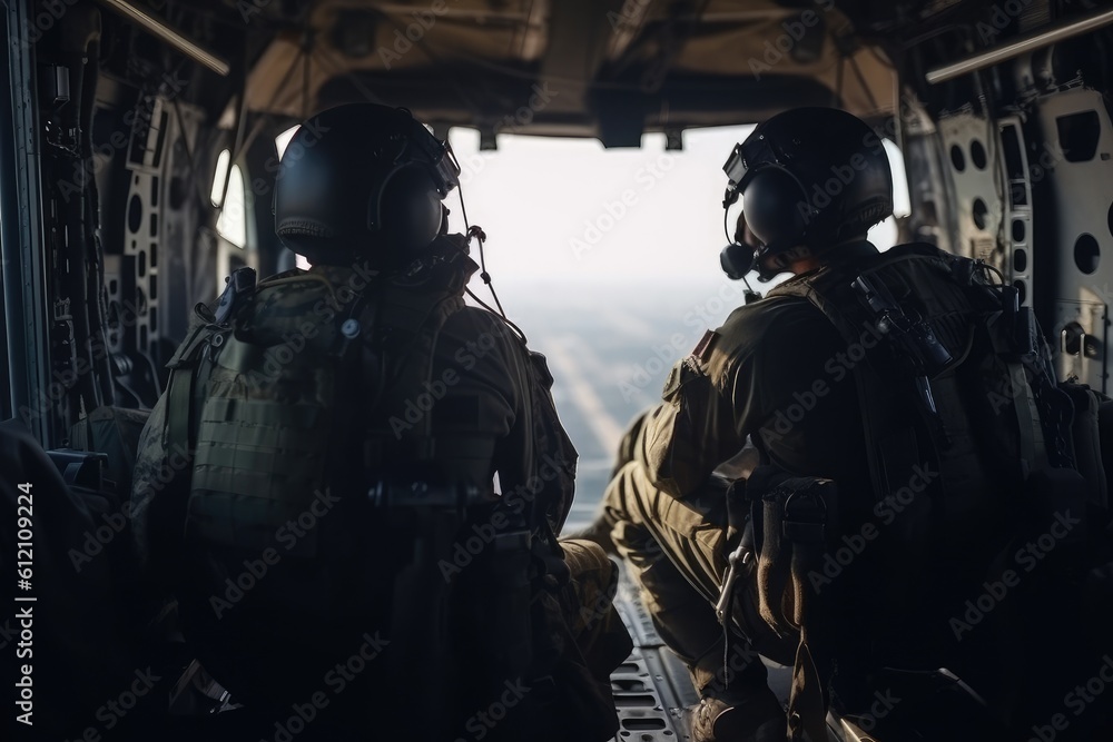 United States Air Force special forces soldiers in helicopter cockpit during operation. Para commando military soldiers are waiting in the aircraft, AI Generated