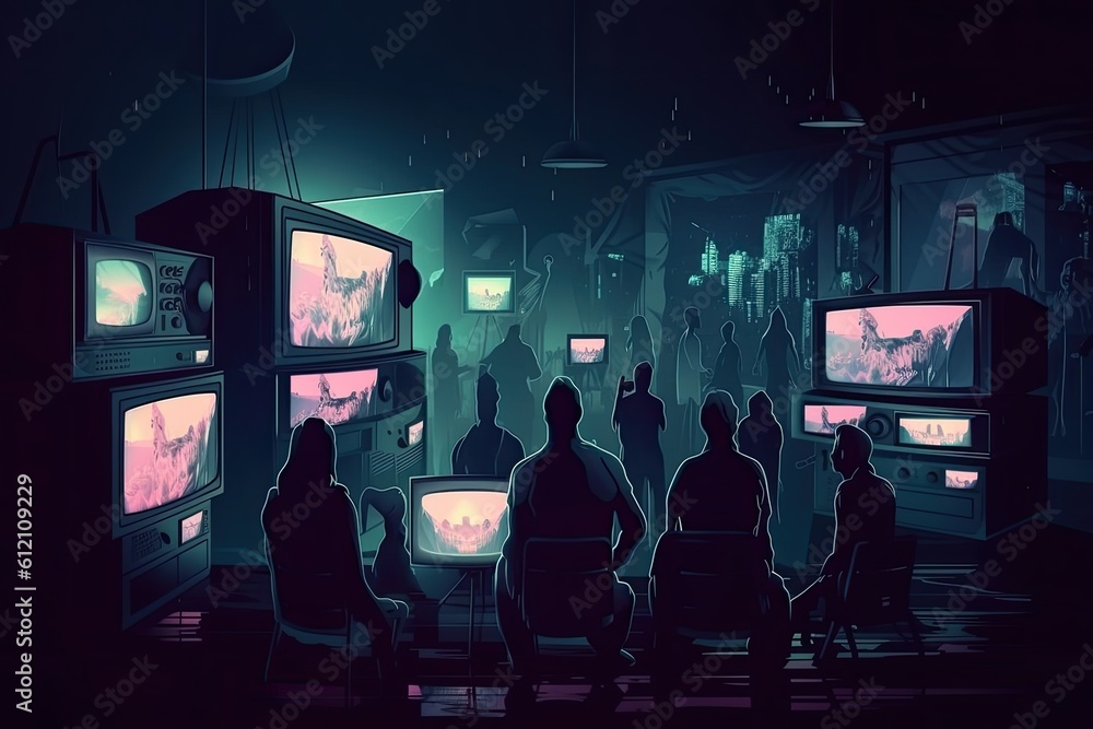 People watching TV in a dark room. Television addiction concept. 3D