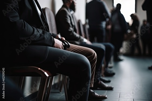 Cropped image of business people waiting for job interview in conference hall, People without faces and closeup views waiting for an interview, AI Generated