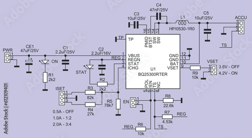 Vector electrical schematic diagram of an electronic device.
Connection of peripheral devices to the 
step-down pulse converter controller adapted for charging lithium batteries.
Electric background.