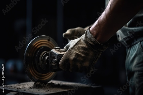 Close up of a man using a circular saw to cut metal, Professional industrial workers hands close up view, AI Generated