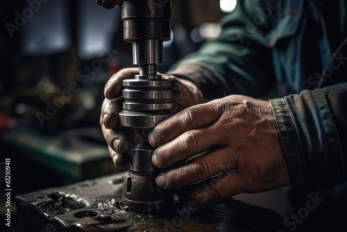 Close up of a man working with a milling machine. Professional industrial workers hands close up view, AI Generated