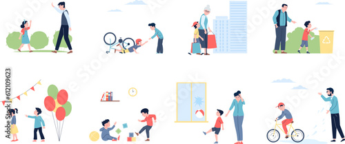 Bad behavior kids and broken friendship. Polite and aggressive, teasing children. Conflict with child and adults, misbehave recent vector characters