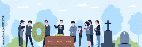Funeral ceremony on cemetery. Memorial service, coffin and family procession. Death and life, people with flowers mourning, recent vector scene